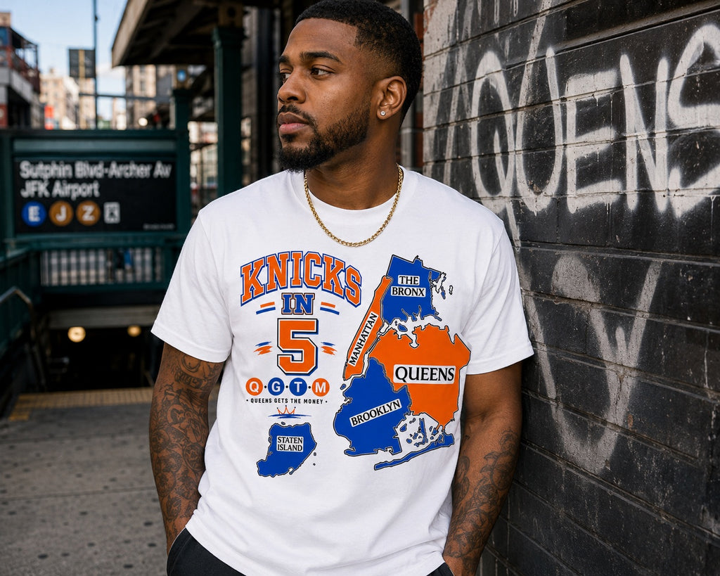 Knicks in Five Borough White Tee  ✨ Pre Order Only ✨ Ships August 3rd