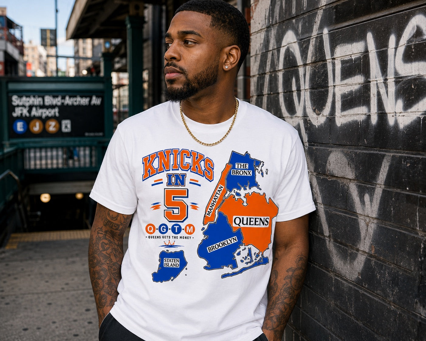 Knicks in Five Borough White Tee  ✨ Pre Order Only ✨ Ships August 3rd