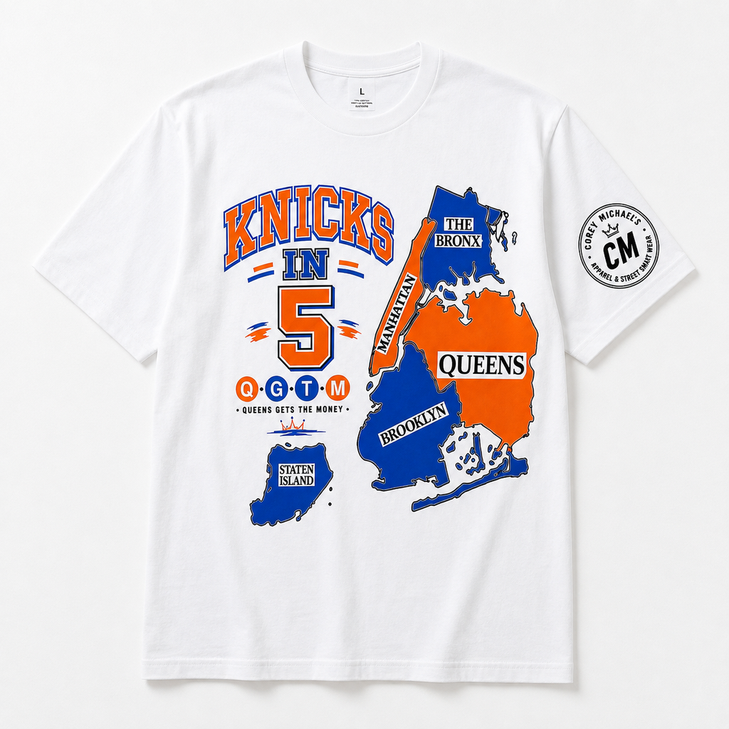 Knicks in Five Borough White Tee  ✨ Pre Order Only ✨ Ships August 24th