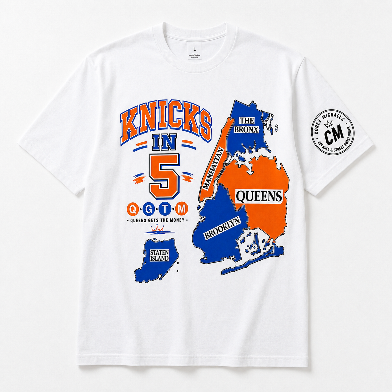 Knicks in Five Borough White Tee  ✨ Pre Order Only ✨ Ships August 24th